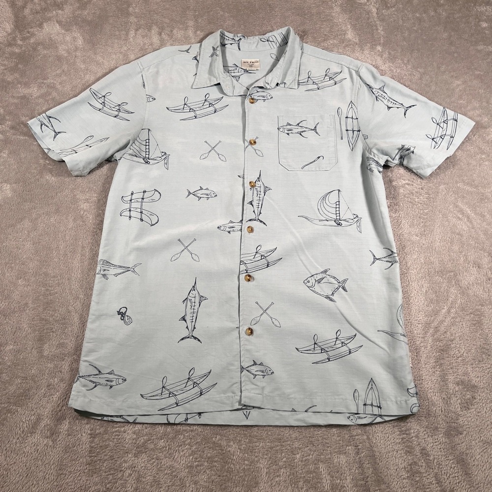Jack O'Neill Button Up Shirt Mens Medium Blue Relaxed Fishing Print Short Sleeve